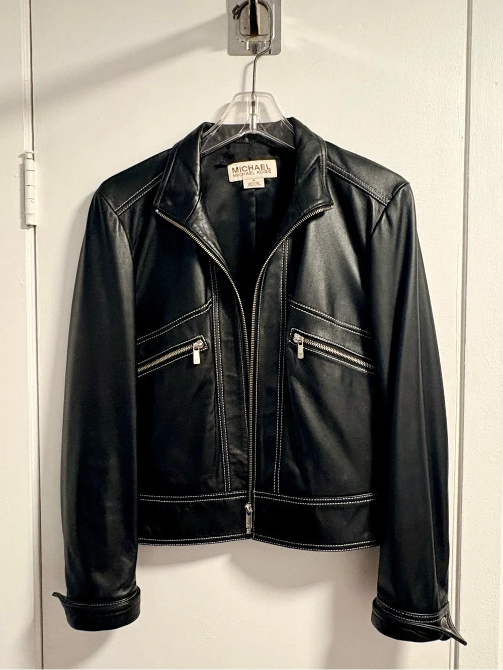 Michael Kors Black Leather Zip-Front Jacket Size Medium